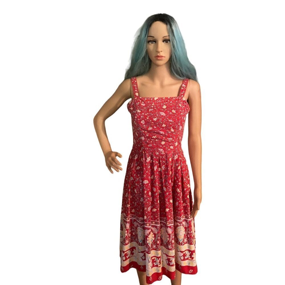 Women's Vintage ACT I New York Red Floral Sweetheart Prairie Dress 11/12 USA VGC